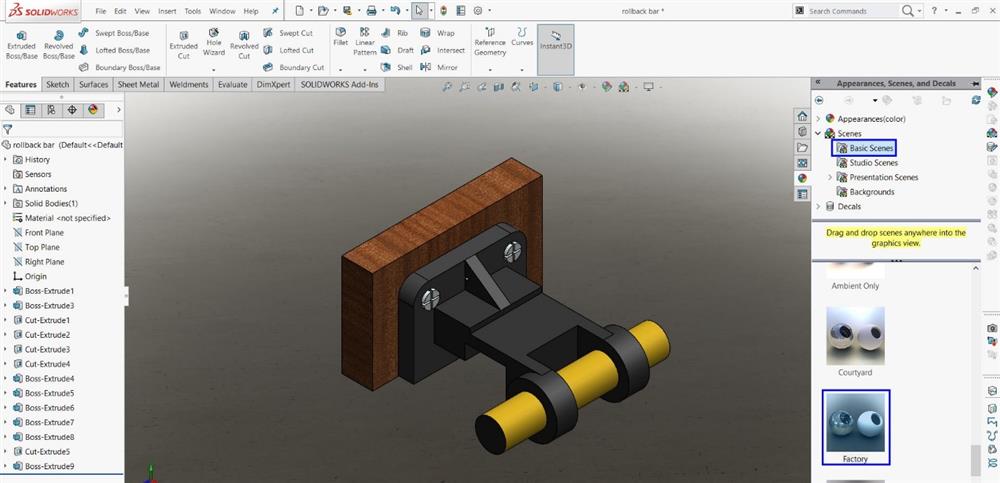 انتخاب صحنه‌ی نمایش قطعه‌ی مورد نظر در تب Scene در نرم‌افزار Solidworks